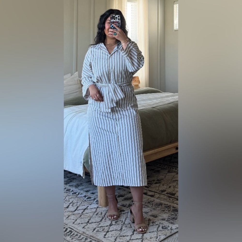 Striped Long-Sleeve Tie-Waist Midi Dress in Cream & Gray